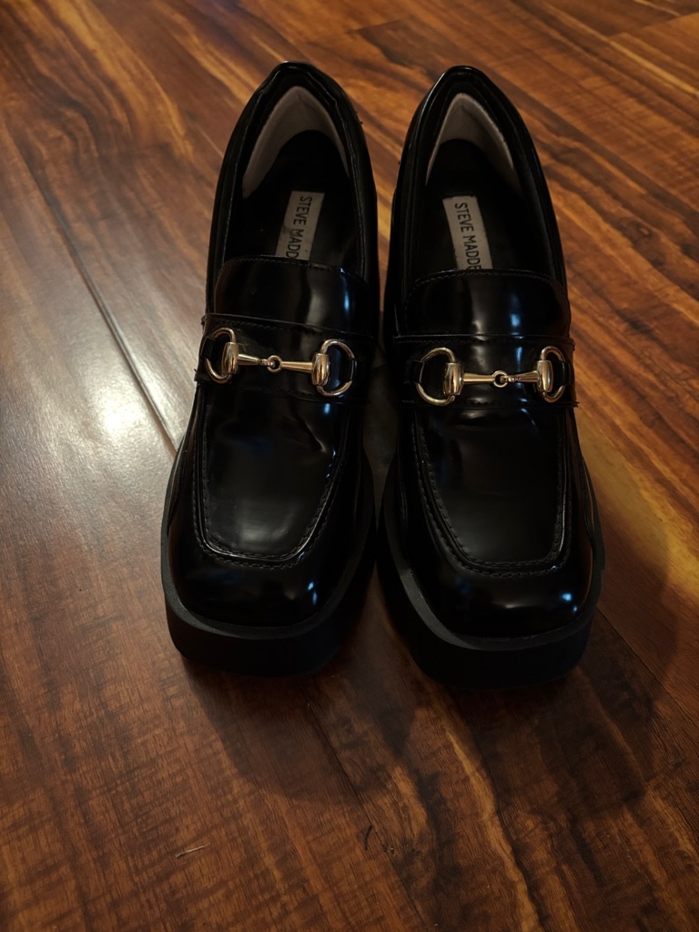 Steve Madden Black Patent Loafers with Gold Bit Accent